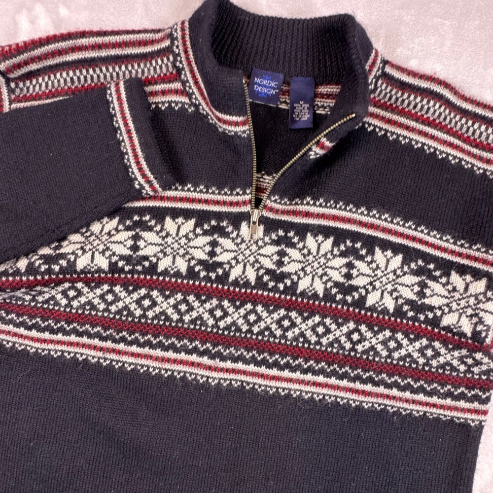 Nordic Design Wool Fair Isle Quarter Zip Sweater Navy Blue Snowflake Mens Medium